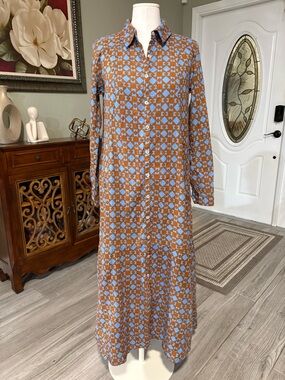 Free People Geometric Maxi Shirt Dress in Rust and Light Blue